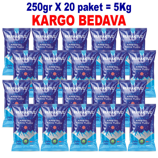 5Kg Sofralık Çankırı Kristal Kaya Tuzu 84 Mineralli 250g X 20 paket 5Kg Sofralık Çankırı Kristal Kaya Tuzu 84 Mineralli 250g X 20 paket