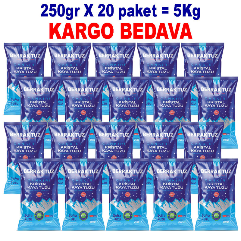 5Kg Sofralık İnce Çankırı Kristal Kaya Tuzu 84 Mineralli 250g X 20 paket 5Kg Sofralık İnce Çankırı Kristal Kaya Tuzu 84 Mineralli 250g X 20 paket